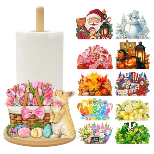 Bamboo Paper Towel Holder with 11 Set Interchangeable Holiday Signs,