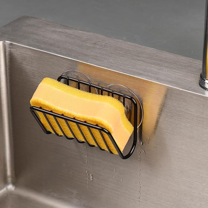 Kitchen Storage Shelves Dish Racks Sponge Holder for Kitchen Sink Stainless Steel Suction Cup Sponge Caddy - Black