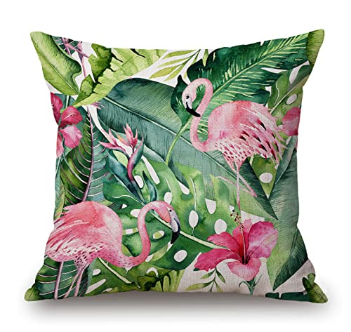 Solekla Tropical Throw Pillow Cover, Flamingo Pillow Cover, Botanical Decorative Pillow Case, Green Cushion Cover for Sofa Couch Chair Bed, 18 x 18 Inches