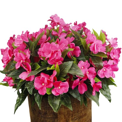 FAICOIA 8 Pcs Artificial Impatiens Flowers for Outdoors Faux Impatiens Bushes Rose Red Silk Flowers Greenery Artificial Impatiens Bouquet for Patio Lawn Garden Pot Hanging Basket Porch Decoration