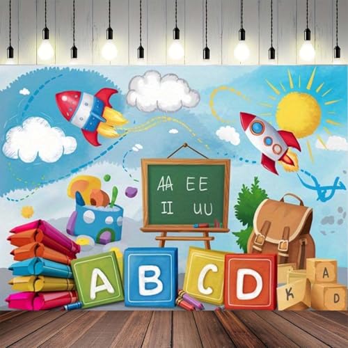 Back to School ABC Photography Background Crayon Sun Clouds Blue Backdrop Online Teaching Kindergarten Educational Banner Classroom Decorations and Supplies for Home Party Photo Props (D, 7x5feet)