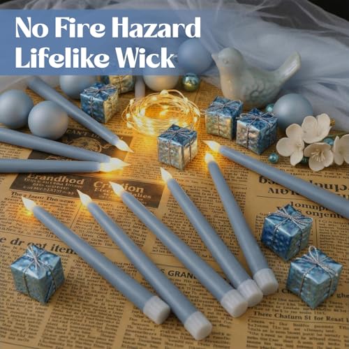Image of Macarrie 24 Packs Flameless Taper Candles Battery Operated Fake 11 Inch Long Candlelight LED Flameless Candlesticks Flickering Tapered for Summer Fall Wedding(Haze Blue)