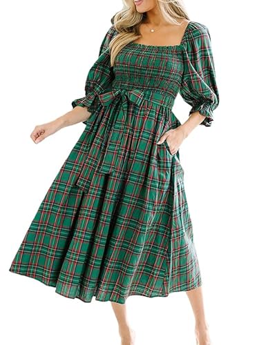 SANSIWU Kariertes Maxikleid für Damen, Weihnachten, Puffärmel, quadratischer Ausschnitt, fließendes Boho-Kleid, Fliege, gesmoktes Herbstkleid,...