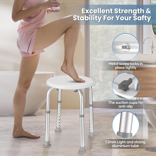 Duschhocker, Höhenverstellbar Badhocker 34-52 cm, Duschstuhl aus Aluminium mit Rutschfesten Gummispitzen für Senioren, Schwangere, Behinderte, Duschhilfe, Duschsitz (Weiß/Grau Badehocker)