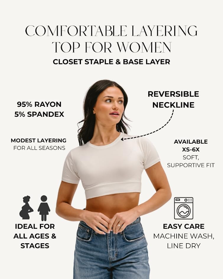 Crew Neck 3/4 Sleeve Layering Tee | Soft Stretch Breathable Crop Top for Women & Teens | XS-6X | HALFTEE - Image 4