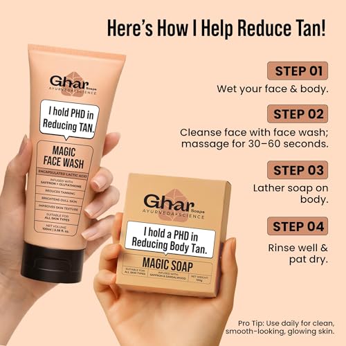 Image of Ghar Soaps Magic De-Tan Face Wash & Sandalwood Saffron Bath Soap | With Sandalwood, Saffron & Glutathione | Reduce Tan, Brightening & Glowing Skin | Handmade & Paraben-Free | For Men & Women