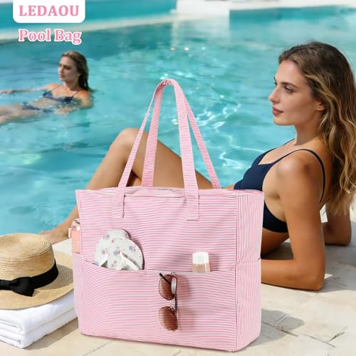 Image of LEDAOU Beach Bag Waterproof Sandproof Women Beach Tote Pool Bag with Zipper for Swim Gym Grocery Travel with Wet Pocket | Sandproof