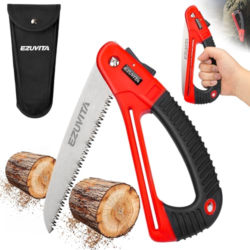 EZUVITA Scie à Elaguer 180 mm avec Sac EDC, Scie Pliante Légère avec Poignée Incurvée, Dents Triple Affûtées pour Couper du Bois, Élagage d'arbres, Camping, Randonnée et Chasse