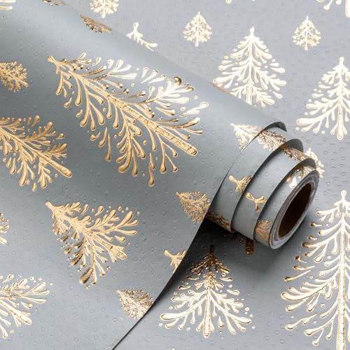 WRAPAHOLIC 3D Kraft Christmas Wrapping Paper Roll - Mini Roll - 17 Inch x 16.5 Feet - Gold and Light Grey Christmas Tree Wrapping Paper with Embossed Perfect for Holiday, Party