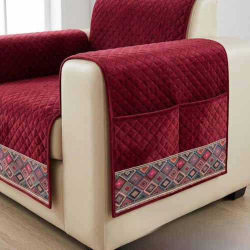 Image of KINGLY Armrest Cover with Pocket | Anti-Slip Sofa Arm Protector | Washable Arm Cover | Maroon