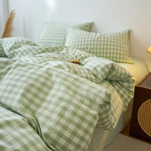 Image of EAVD Vintage Style Green&White Plaid Gingham Duvet Cover Queen Soft 100% Washed Cotton Fresh Grid Checkered Gingham Bedding Set with 2 Pillowcases Farmhouse Green Plaid Duvet Cover with Zipper Closure