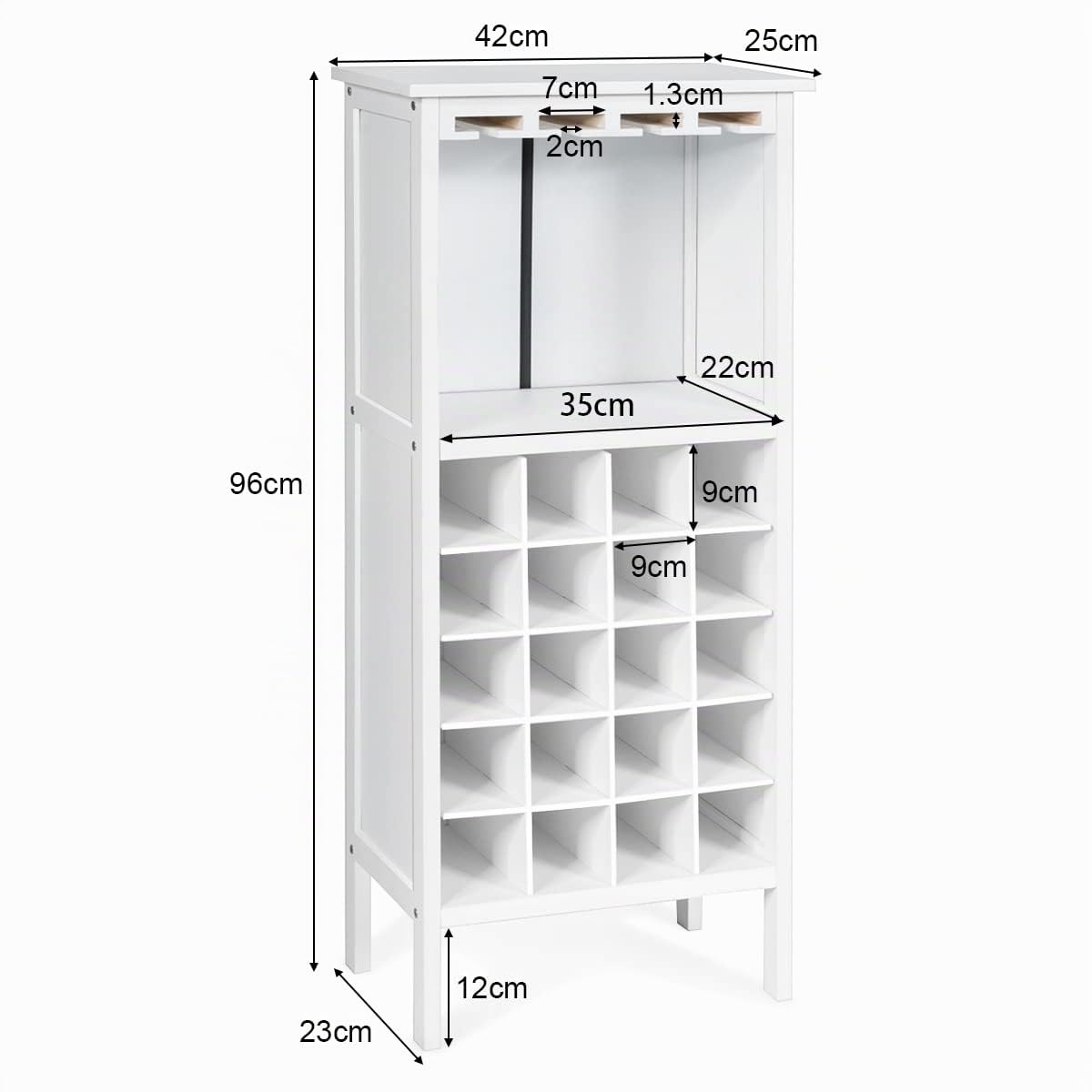 GOPLUS Casier à Vin, avec 20 Emplacements et Porte-gobelet, Étagère à Bouteille en Pin 42 x 24,5 x 96 CM pour Cave, Collier, Cuisine, Salon, Chambre (Blanc)