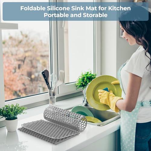 Toovem Sink Protector Mat, 26x14 Inch Non-Slip Heat Resistant Kitchen Sink Liner with Center Drain, Easy to Clean, Flexible & Durable for Stainless Steel Sinks (Grey)