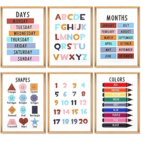 A4 Education Posters Set, 6Pcs Boho Wall Art Canvas Prints Alphabet Abc/Numbers Learning Chart for Boy Girl Toddler Kid Baby Nursery Kindergarten Preschool Classroom Homeschool Decor-Unframed Cover