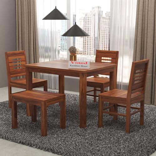 Image of Wooden Solid Sheesham Wood Dining Table 4 Seater | Dining Table Set with 3 Chairs & 1 Bench | Home Dining Room Furniture sheesham Wood Dining Table 4 Seater | sheesham Finish