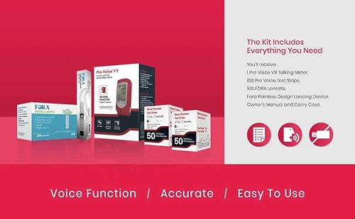 Miniatura 3 de FORA Pro Voice V9 Kit de prueba de diabetes para un monitoreo preciso y fácil de tu glucosa en sangre con glucómetro parlante, 3.3 ft, 100 tiras de
