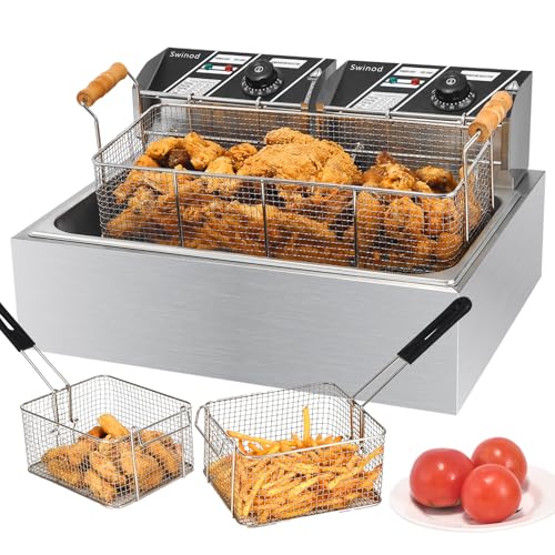 Commercial Deep Fryer with Baskets, 3400W 12.7QT/12L Thickened Stainless Steel Countertop Electric Oil Fryer, Large Capacity with Temperature Control (12L Pro)