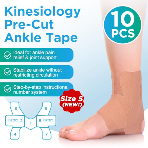 Image of OK TAPE Precut Kinesiology Ankle Tape for Women, Elastic Athletic Tape for Pain Relief, Ankle Sprain, Stability, Breathable Cotton, Daily Use - Beige, S Size, 10 Pcs