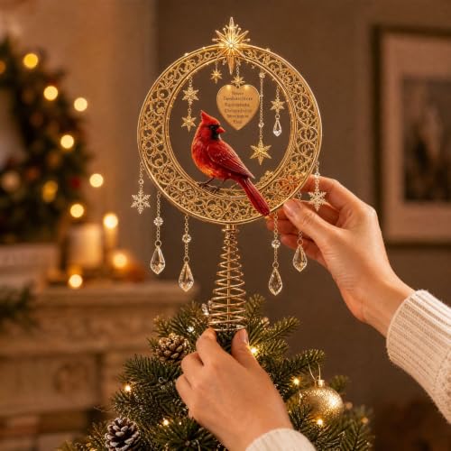 Lighted Gold Metal Red Cardinal Crescent Moon Christmas Tree Topper - image 5