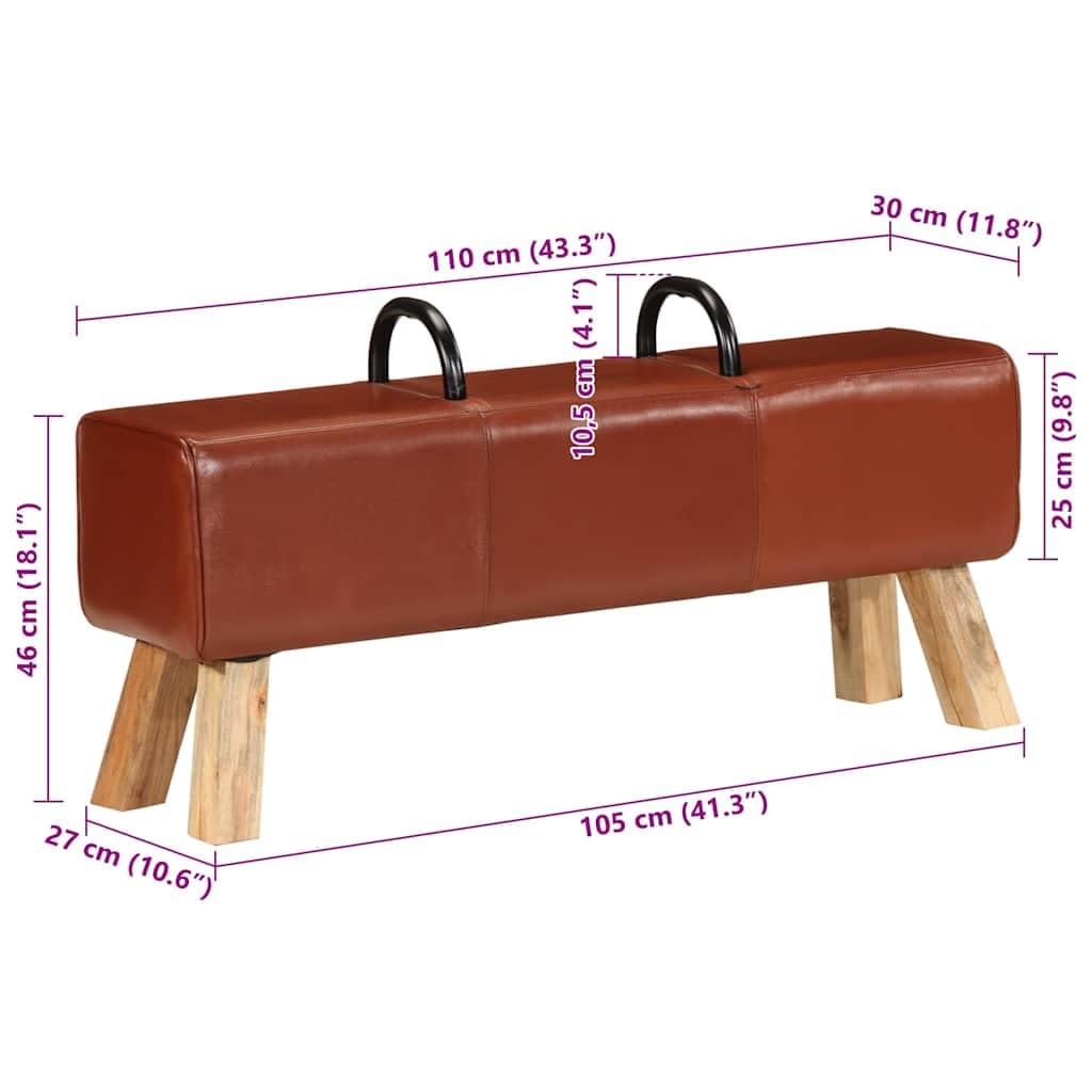Ławka Turnbock-Design brązowa 110 cm prawdziwa skóra ławka do siedzenia z drewnianą ramą tapicerowane oparcie do salonu sypialni korytarza