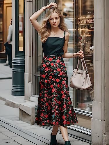 Keasmto Womens Floral Skirts Midi Length High Waist Silk Satin Elasticized A Line Summer Casual Boho Flower Skirt Black Red Floral-03 M - Thumbnail 3