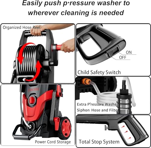 Image of 2026Upgraded Pressure Washer 4800PSI w /4 Quick Connect Nozzles, Inlet Hose & Filter&500ML Soap Tank, High Cleaning Machine for Cars /Fences /Driveways /Patios /Home Cleaning,Red