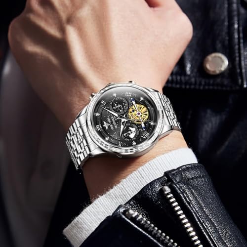 Image of OUPINKE Watch for Men Skeleton Self Winding Mechanical Automatic Luxury Dress Black Wrist Watch Waterproof Luminous Tungsten Sapphire Crystal