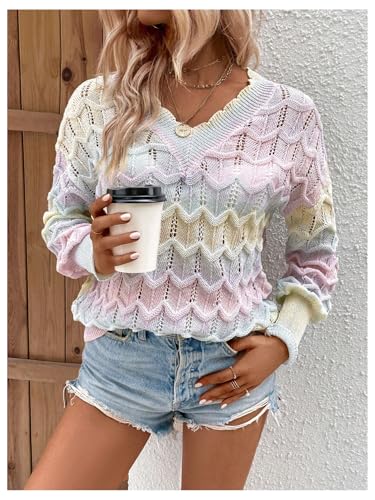 GORGLITTER Women's Colorful Sweater V Neck Long Sleeve Cute Fall Trendy 2025 Knit Pullover Top4
