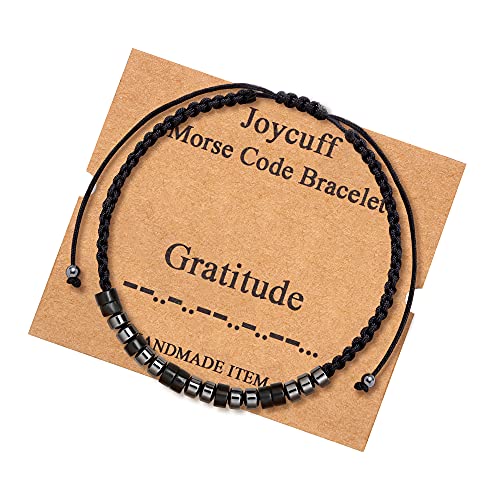 Inspirational Bracelets for Women Gratitude Morse Code Bracelets for Women Men Mothers Day Birthday Christmas Gifts Jewelry Cord Wrap Bracelet with Black Hematite Beads