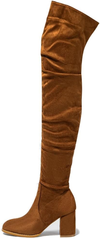 KOKOMOMO Suede Thigh High Chunky Heel Boots Over The Knee High Heel Slouch Boots