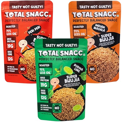 Image of TOTAL SNACC Roasted Bhujia Combo(125g x 3 Packs) | High Protein 19g , High Fibre 12g | 70% Less Oil | No Palm Oil | Indian Masala, Peri Peri & Pudina Lime | Healthy Snacks Combo | Millet Bhujiya | Baked Bhujia Sev | Baked Namkeen | Diabetic Friendly | Low Calorie