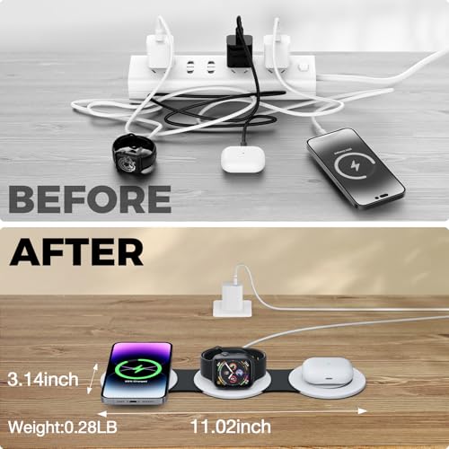 Image of Hicober 3 in 1 Charging Station for Apple Multiple Devices, Foldable Travel Wireless Charger 18W for iPhone Air 17 16 15 14 13 Pro Max Plus &Apple Watch Series /Airpods Black&White