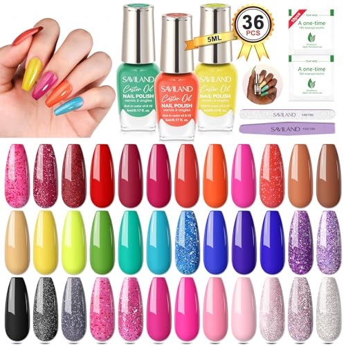 Image of SAVILAND Nail Polish Set Air-Dry: 36+3 Colors Nail Polish Kit Red Pink Blue Glitter Regular Nails Polish with Base Top Coat Nail Lacquer Acrylic Nail Set for Beginner Home Salon DIY Gift