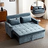 Merax Pull-Out Sleeper Sofa Bed with Reversible Backrest and Two Throw Pillows, 3 in 1 Foton Couch with USB Ports & Phone Holder, Chenille Loveseat for Living Room, Blue