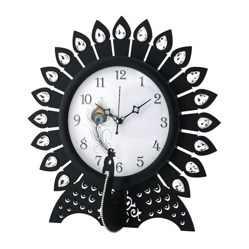 Image of Kuber Industries 14 Inches Wooden Peacock Designer Stones Analog Wall Clock | Vintage Interior Home and Office Decor, Living Room, Bedroom | Black