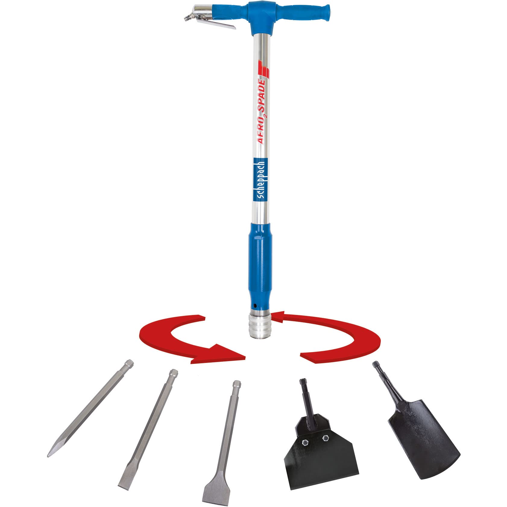 Scheppach Bêche pneumatique Aero²Spade | 27Joules | 6,3 Bar | Consommation d'air 280 L/Min | Poignée en Caoutchouc Anti-Vibrations | Lame de bêche forgée, Burins, Pointerolle et Grattoir Inclus