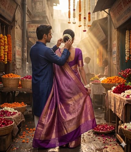 Image of Flosive Purple Color Banarasi Saree for Women with Rich Pallu & Contrast Border