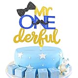 1st First Birthday Cake Topper Decoration - Mr ONEderful -Mustache Cake Topper with Bowtie-Double Sided Glitter Gold