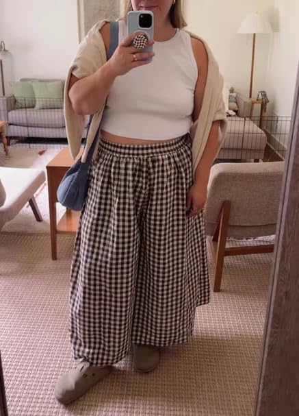 Women Plaid Wide Leg Pants Elastic Waist Gingham Palazzo Trousers Culottes Casual Flowy Cropped Pants with Pockets3