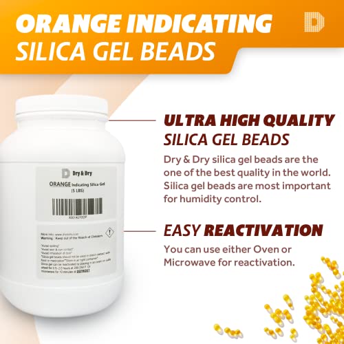 "Dry & Dry" [5 Lbs] Premium Orange Indicating Silica Gel Desiccant Beads(Industry Standard 3-5 Mm) - Rechargeable Silica Gel Beads(5 Lbs) #TOP1