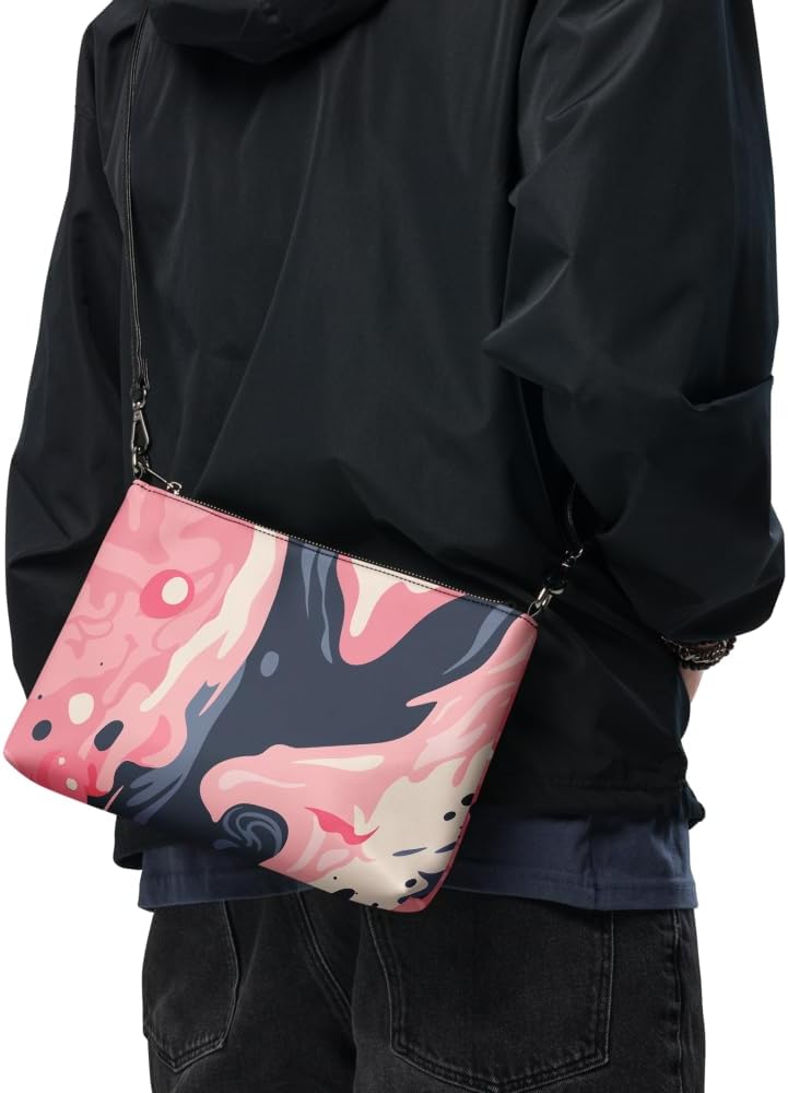 Swirls of Summer Crossbody Bag, Pink and Black Abstract Marbled Design, Adjustable Strap