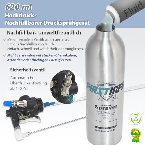 FIRSTINFO A1638Y5 | Wiederbefüllbare Druckluft-Sprühdose aus dickwandigem Aluminium 620 ml | Max. Druck 140 psi | Breiter Sprühnebel | Leicht & Patentiert