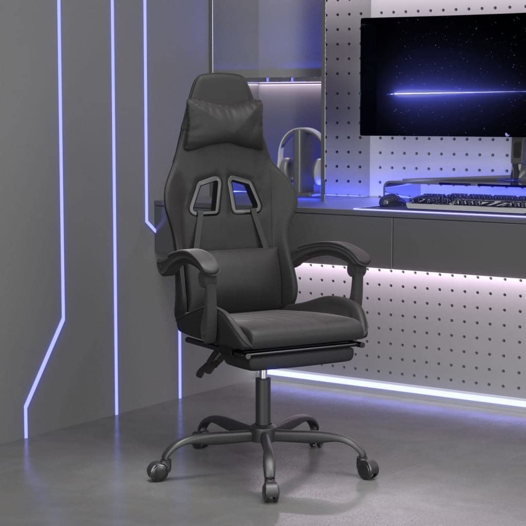 Silla para videojuegos con reposapiés y ruedas, piel sintética, ergonómica, altura regulable, giratoria, con reposabrazos y cojín lumbar para oficina, oficina en casa y comodidad para jugar