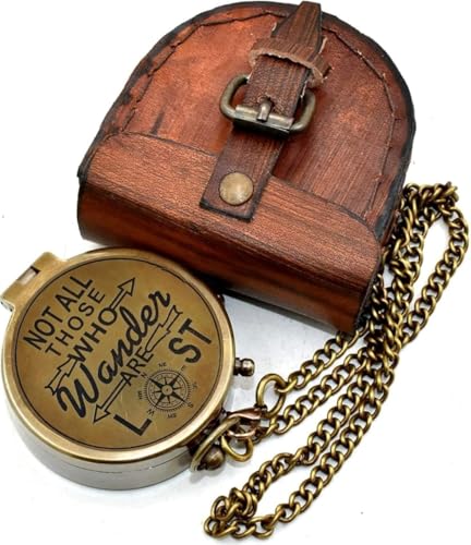 Brújula de latón con estuche de cuero y cadena miniatura 4