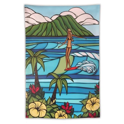 ヘザーブラウン (サーファーガールと花)現代 北欧 ハワイの風景 ポスター タペストリー 印刷 ポスター ウォールアート 画像 現代 芸術 壁の絵 け ソファの背景絵画40"x60"