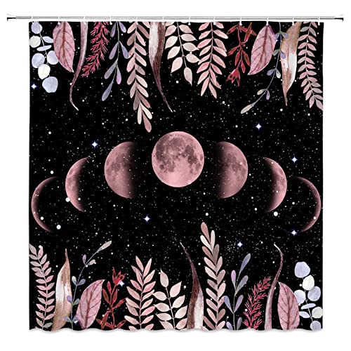 Zwsmzw Moon Phase Shower Curtain Moonlit Garden Boho Floral Starry Night Space Celestial Vines Frame Leaves Plants Magic Lunar Cycles Black And Pink Bathroom Decor Fabric Curtains With Hooks #TOP24