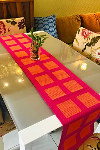 Image of Rangbhar Handloom Ribbed Cotton Table Runner for Living /Dining Room /Home Decor, Anti Skid, Reversible, Machine Washable, 12 X 72 inches, Striped, Pink Orange Box
