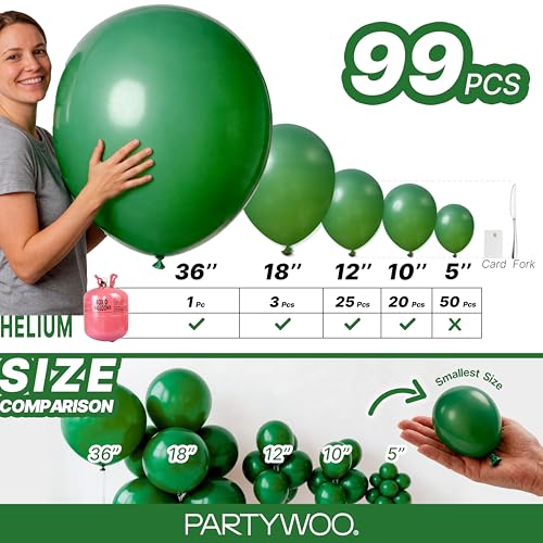 Image of PartyWoo Dark Green Balloons 99pcs Emerald Hunter Forest Green Color