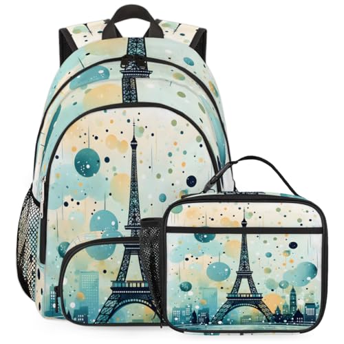 TropicalLife France Eiffel Tower Backpack with Lunch Box Set, Back Pack and Lunch Bag France Eiffel Tower Waterproof Casual Daypack Bag for Work Travel