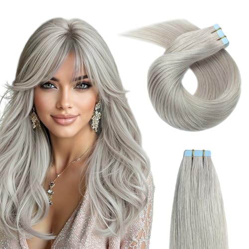 YILITE Silver Tape in Hair Extensions Remy Human Hair 20pcs